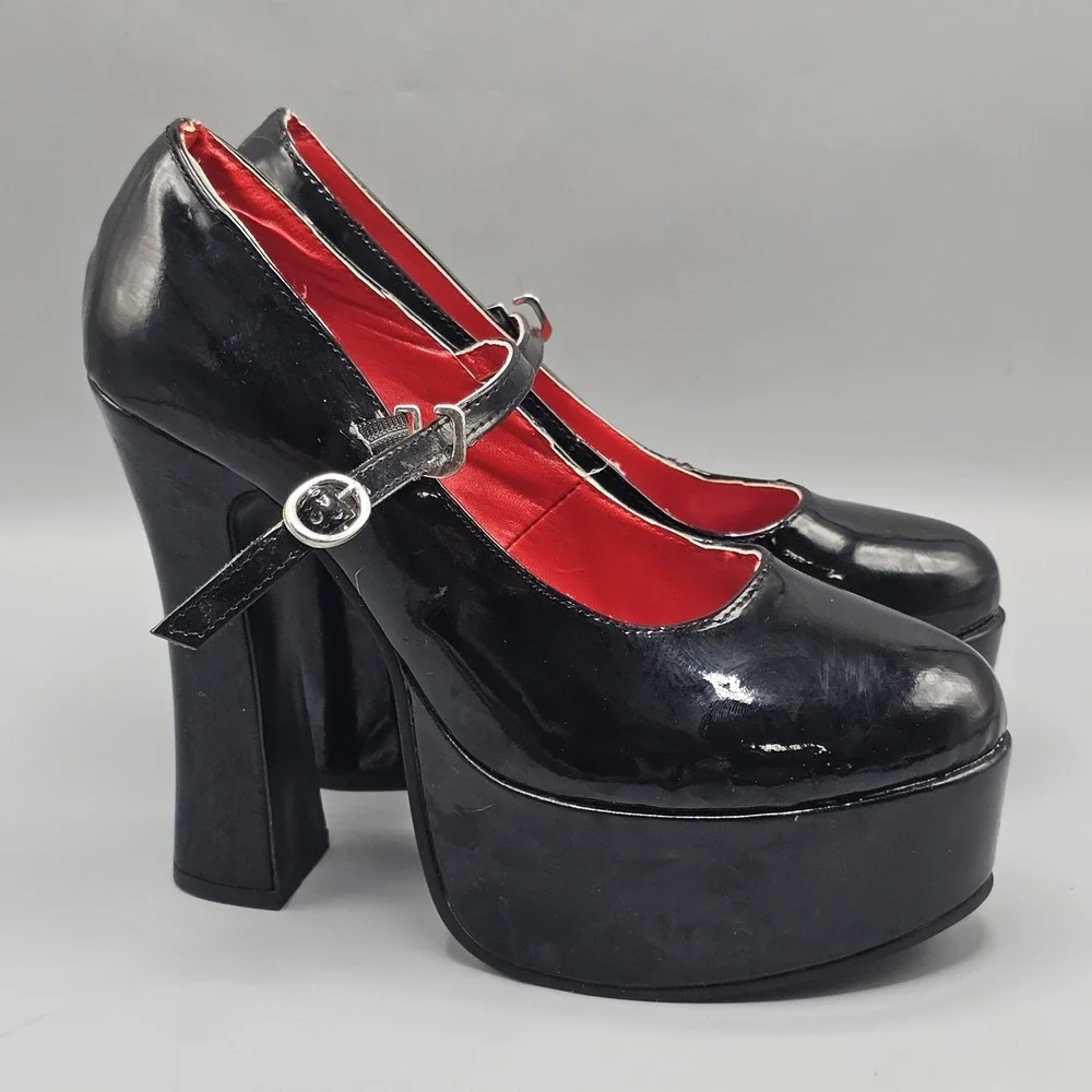 Mary Janes Black Platform Pump Chunky Heel Shoes Halloween Goth Grunge LRG 9/10